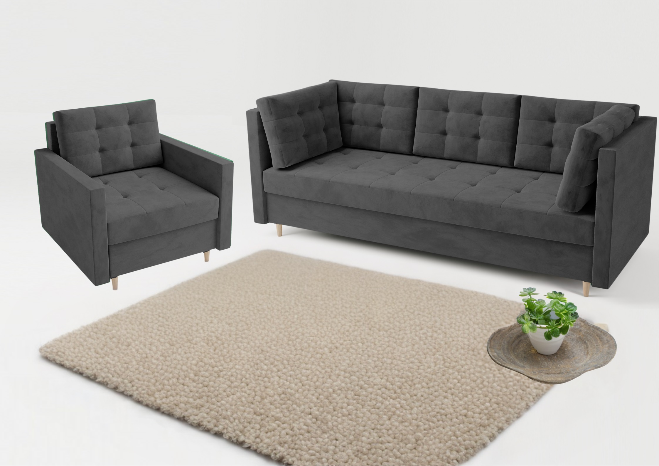 Grafitowa sofa w zestawie z fotelem